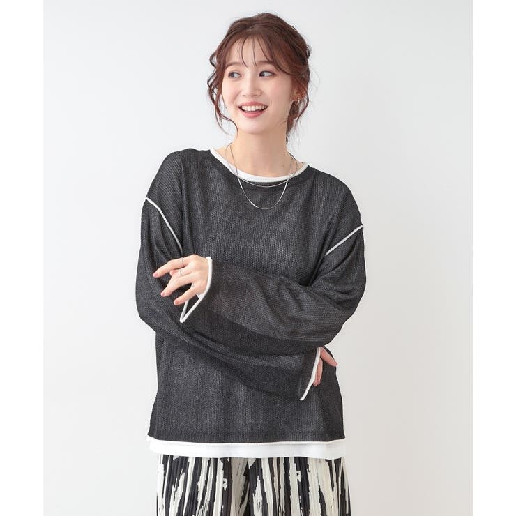 【S-LL/2枚セット】シアー感も楽しめる 光沢カノコ編み配色ニット+ロンT | Cutie Blonde | 詳細画像5 