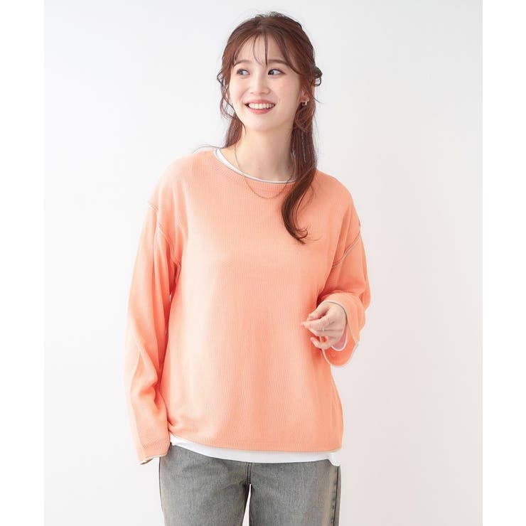 【S-LL/2枚セット】シアー感も楽しめる 光沢カノコ編み配色ニット+ロンT | Cutie Blonde | 詳細画像9 