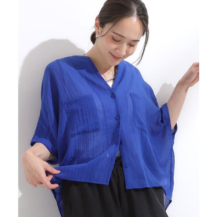 ブルー(093) | 程よいシアー感 ポケットドルマン5分袖シャツ | Cutie Blonde