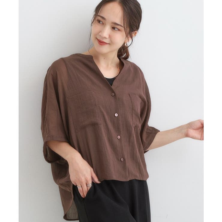 ブラウン(043) | 程よいシアー感 ポケットドルマン5分袖シャツ | Cutie Blonde