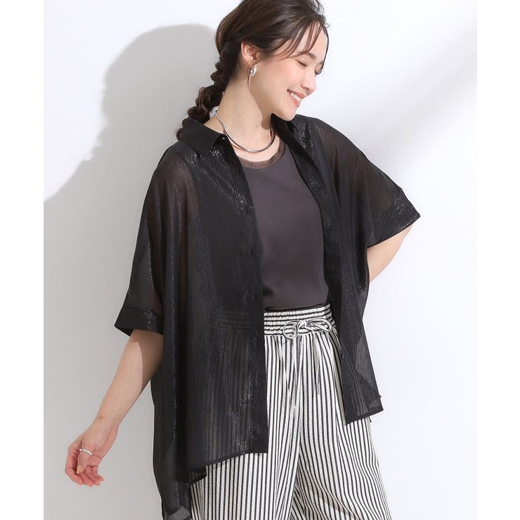 ブラック(019) | 大人のシアー感 ラメが華やかな楊柳ポンチョシャツ | Cutie Blonde