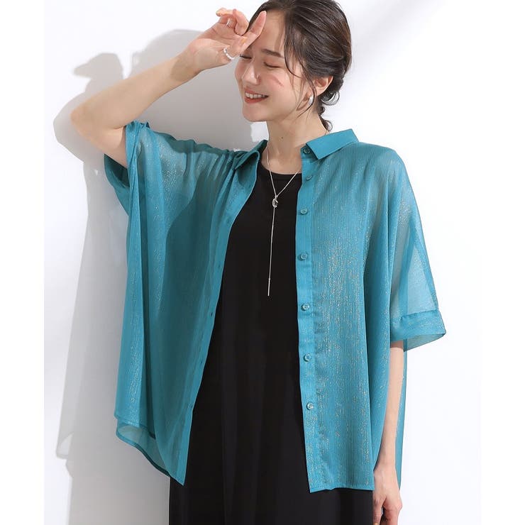 ブルー(092) | 大人のシアー感 ラメが華やかな楊柳ポンチョシャツ | Cutie Blonde