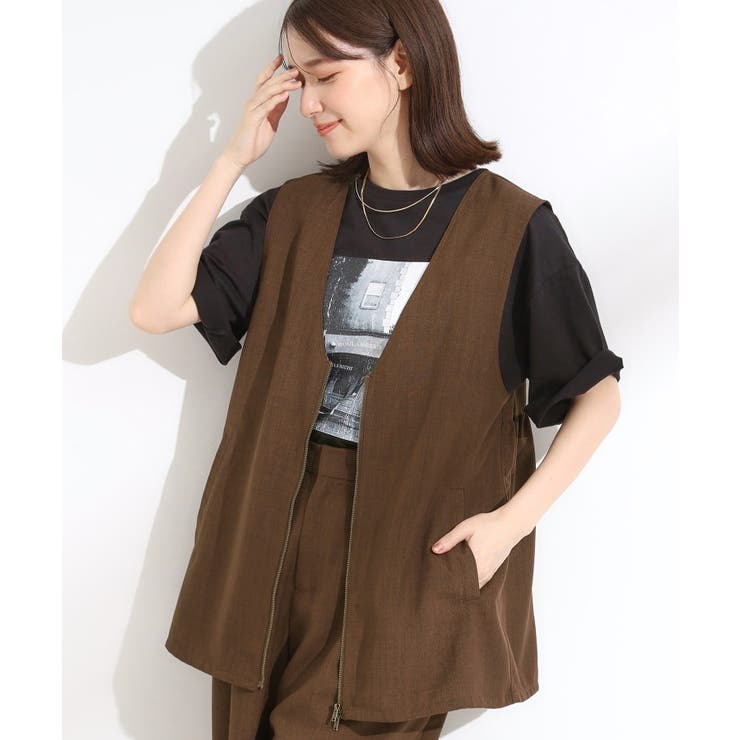 ブラウン(044) | 【セットアップ可】さらりと軽やかに ダブルジップ麻調ジレ | Cutie Blonde