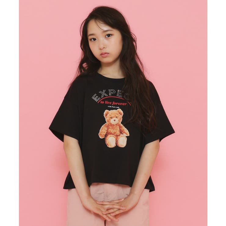 高い素材 ラインストーン付きクマTシャツ[品番：WRDW0203314]｜PINK-latte その他の袖丈