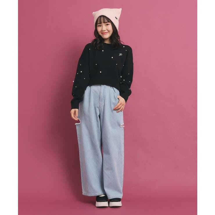 一目惚れニット】バックリボン ニットパール調トップス[品番