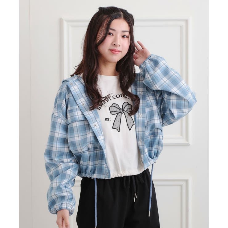 サックスブルー(290) | フード付きライトブルゾン | PINK-latte