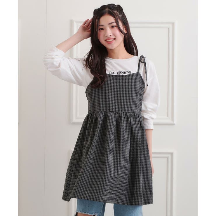 チャコールグレー(214) | ギンガムキャミワンピ＋ロンTセット | PINK-latte