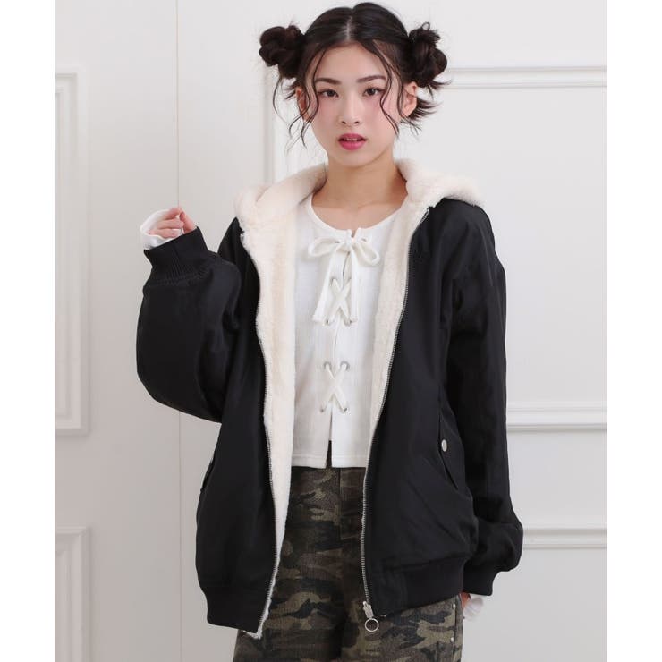 ブラック(019) | リバーシブルフェイクファーブルゾン | PINK-latte