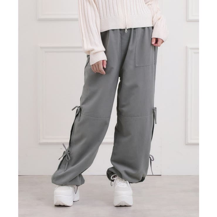 グレー(012) | ピーチ起毛リボン付カーゴパンツ | PINK-latte