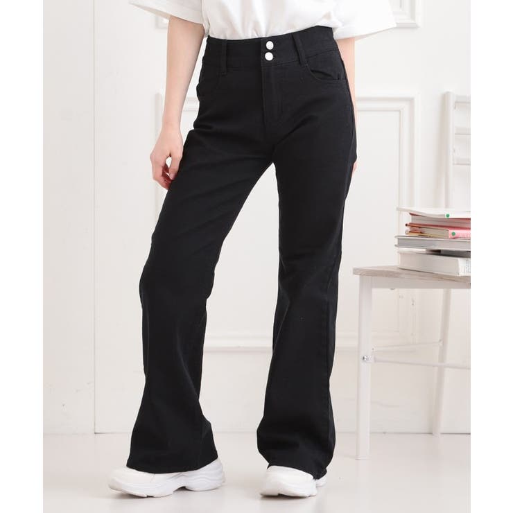 ブラック(019) | セミフレアデニムパンツ | PINK-latte