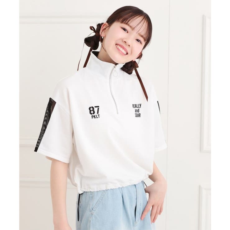 オフホワイト(003) | メッシュ切替ハーフジッププルオーバー | PINK-latte