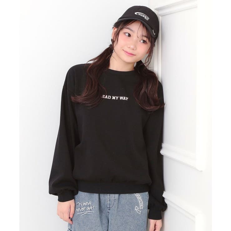 ブラック(019) | ボアくまちゃんアップリケ裏起毛トレーナー | PINK-latte