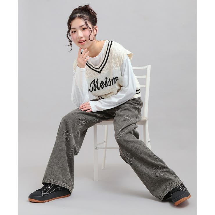 ブラック(519) | フラワー柄デニムロングパンツ | PINK-latte