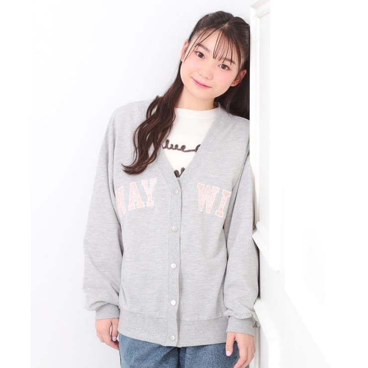 ライトグレー(011) | Vネックカレッジアップリケ裏毛カーディガン | PINK-latte