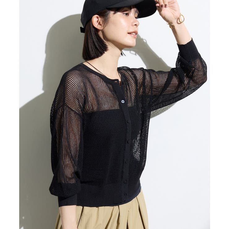 ブラック(019) | 【大人シアー】メッシュ編みニットカーディガン | THE SHOP TK