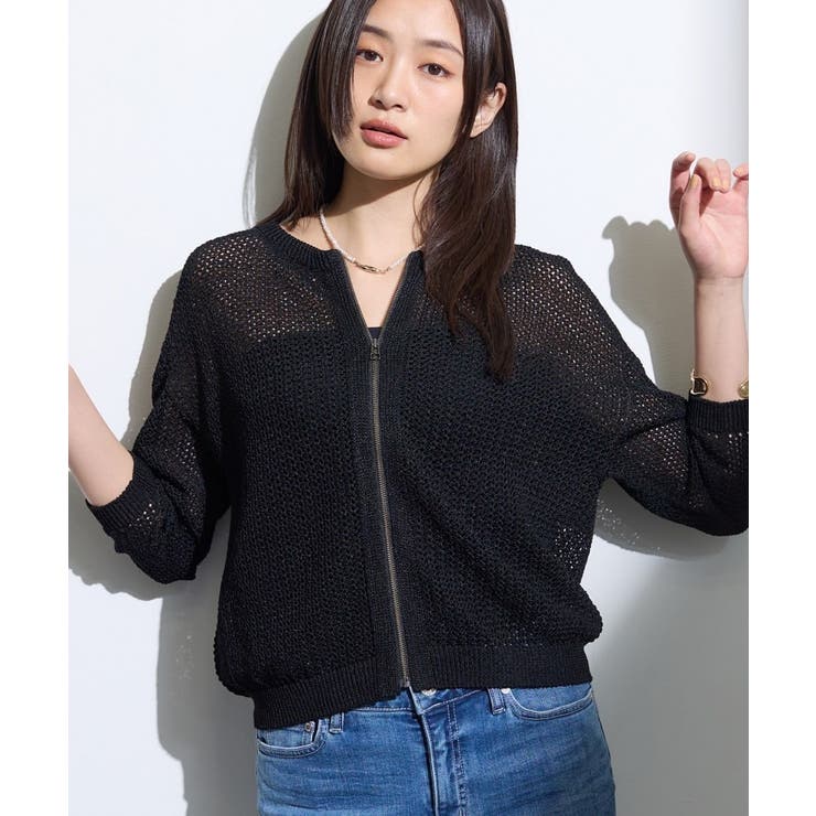ブラック(019) | 【軽羽織／着映え】メッシュ編みニットブルゾン | THE SHOP TK