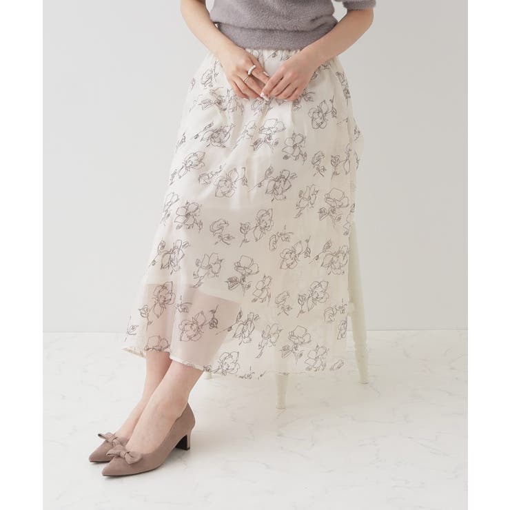 アイボリー(404) | フロッキーフラワーオーガンジースカート | Couture brooch