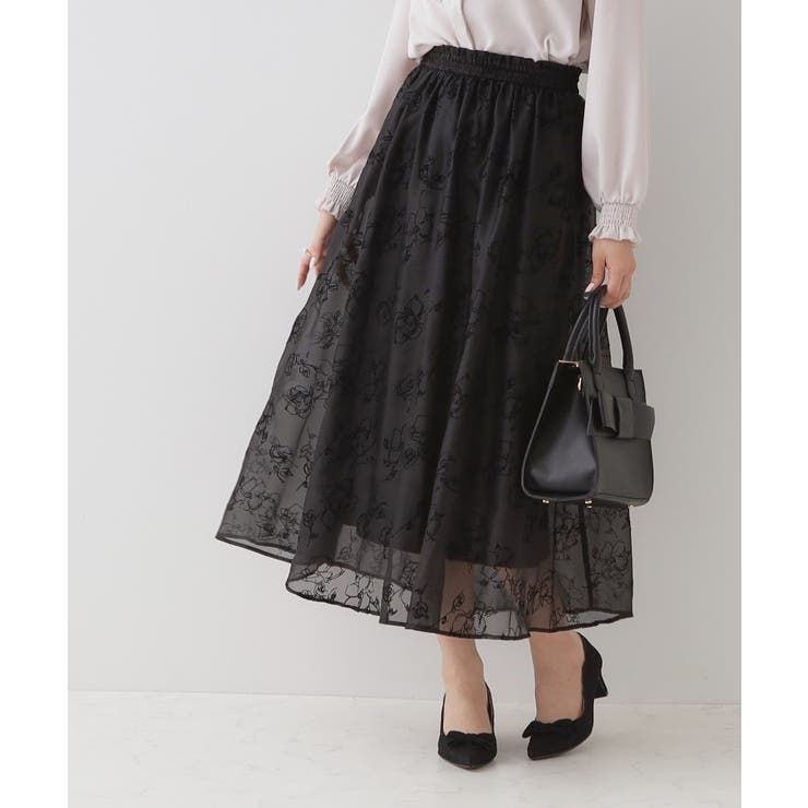 ブラック(419) | フロッキーフラワーオーガンジースカート | Couture brooch