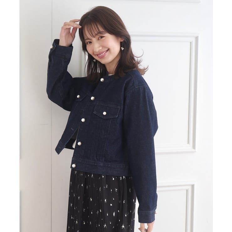 デニム ノーカラージャケット」Mサイズ パール装飾