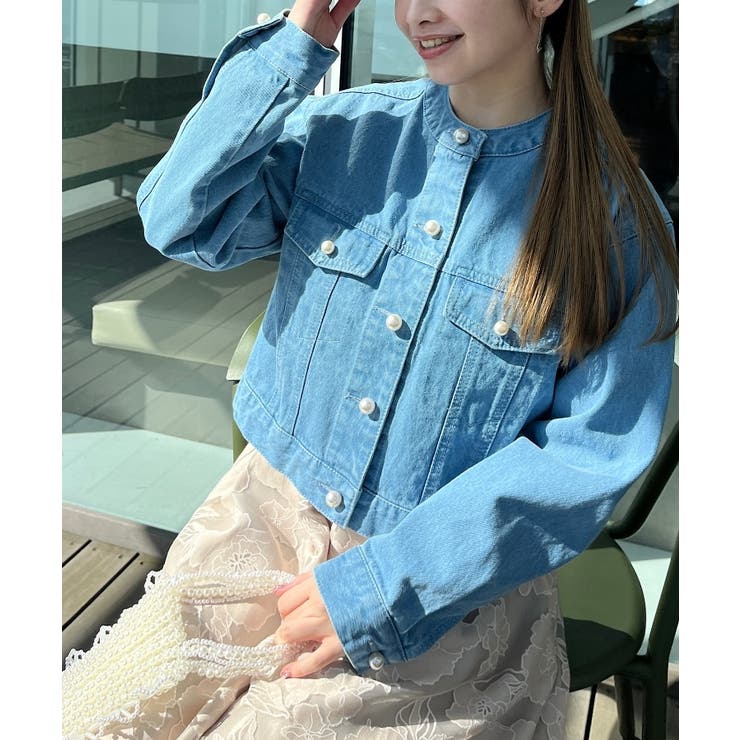 「デニム ノーカラージャケット」Mサイズ パール装飾 TIARA｜パールボタンノーカラーデニムジャケット | Rakuten