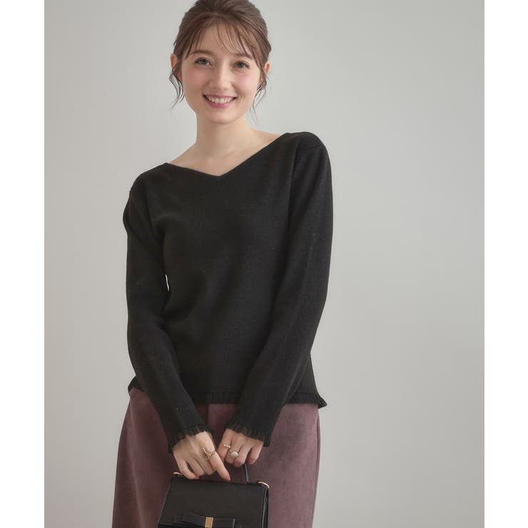 【大人可愛い・リボン取り外し可】前後2WAYラメリブ シアープチフリルニット | Couture brooch | 詳細画像23 