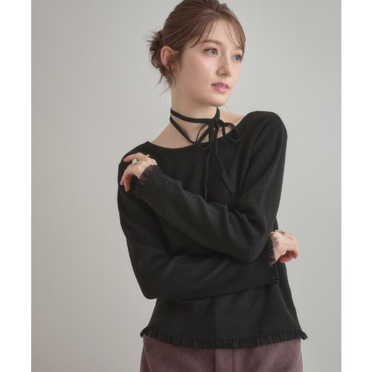 【大人可愛い・リボン取り外し可】前後2WAYラメリブ シアープチフリルニット | Couture brooch | 詳細画像24 