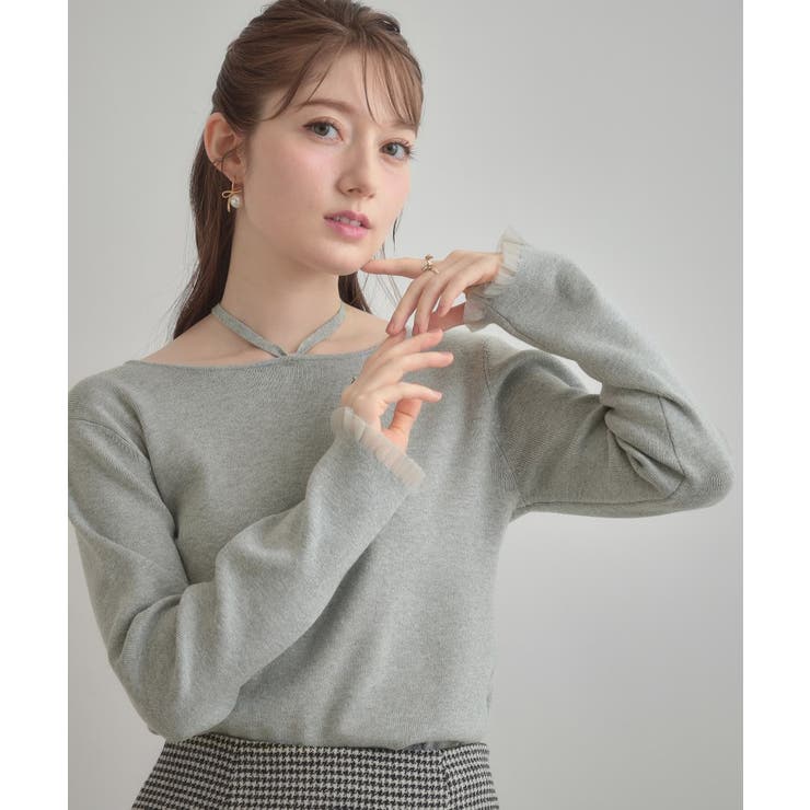 ライトグレー(011) | 【大人可愛い・リボン取り外し可】前後2WAYラメリブ シアープチフリルニット | Couture brooch