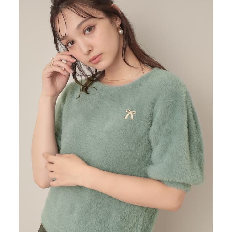 【着映え・5分袖・フェミニン】ラメフェザー半袖ニット | Couture brooch | 詳細画像14 