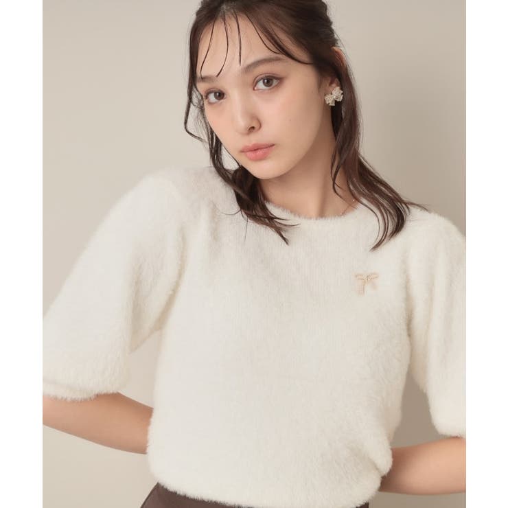 【着映え・5分袖・フェミニン】ラメフェザー半袖ニット | Couture brooch | 詳細画像4 