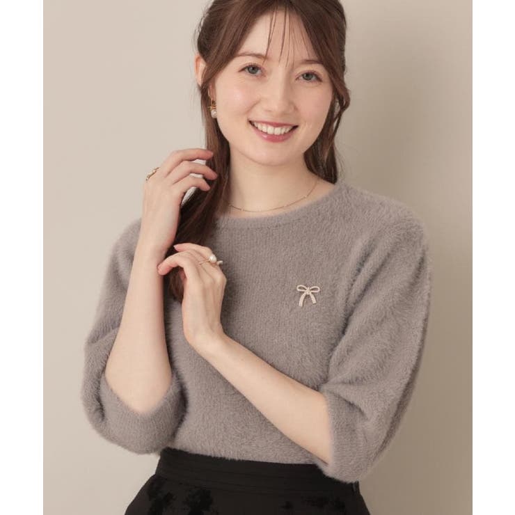 トープ(054) | 【着映え・5分袖・フェミニン】ラメフェザー半袖ニット | Couture brooch