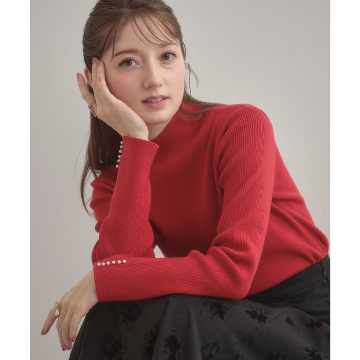 レッド(062) | 【多機能・フェミニン】パール調リブニット | Couture brooch