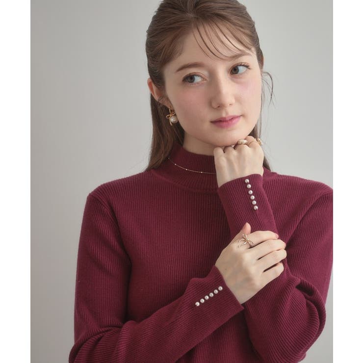 レッド(063) | 【多機能・フェミニン】パール調リブニット | Couture brooch