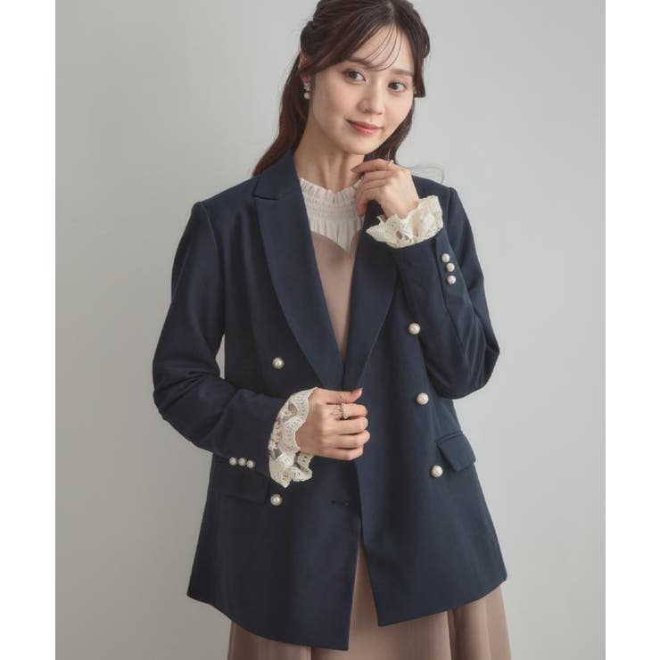ネイビー(094) | 【高見え・きれいめ・通勤】レースカフス パール調釦テーラードジャケット | Couture brooch