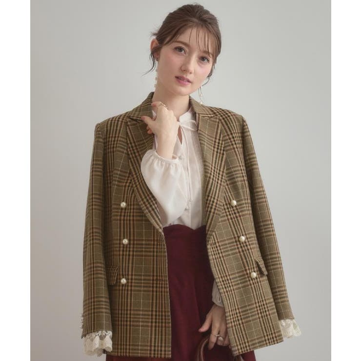 ブラウン(240) | 【高見え・きれいめ・通勤】レースカフス パール調釦テーラードジャケット | Couture brooch