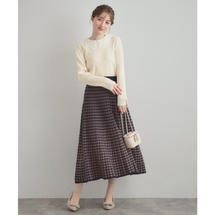 【着映え・フェミニン・通勤】レース衿カフス付きリブニット | Couture brooch | 詳細画像1 