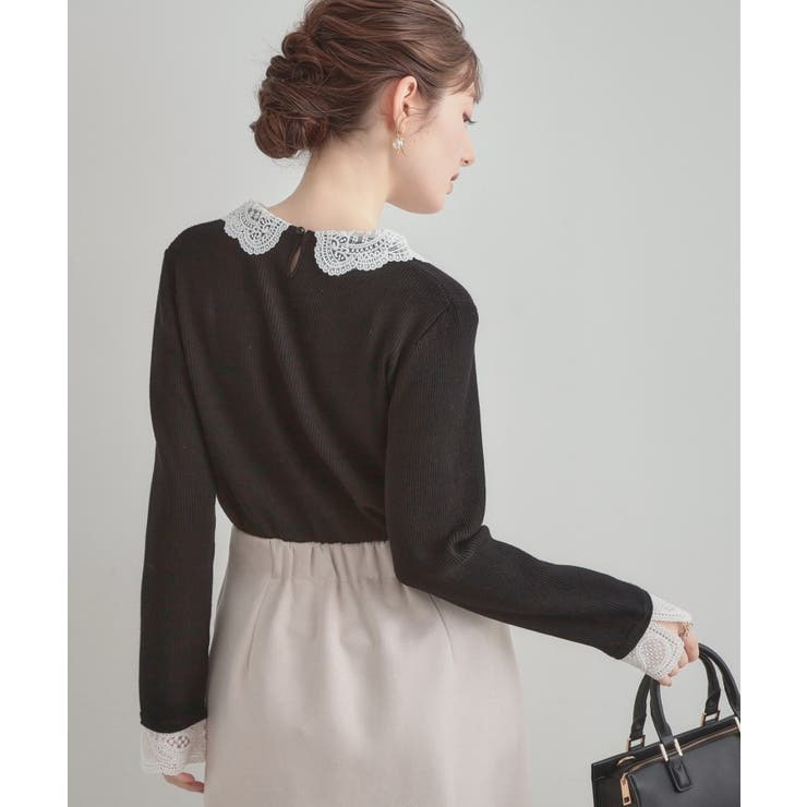 【着映え・フェミニン・通勤】レース衿カフス付きリブニット | Couture brooch | 詳細画像16 