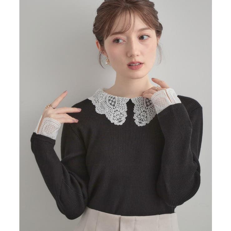 【着映え・フェミニン・通勤】レース衿カフス付きリブニット | Couture brooch | 詳細画像18 