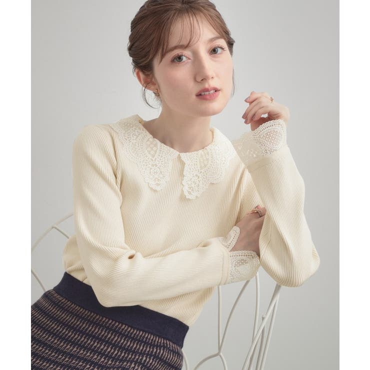 アイボリー(004) | 【着映え・フェミニン・通勤】レース衿カフス付きリブニット | Couture brooch