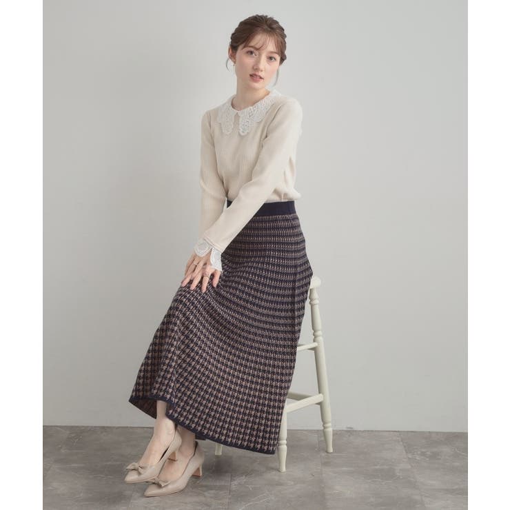 ネイビー(294) | 【クラシカル・大人上品】千鳥ジャカードニットプリーツスカート | Couture brooch