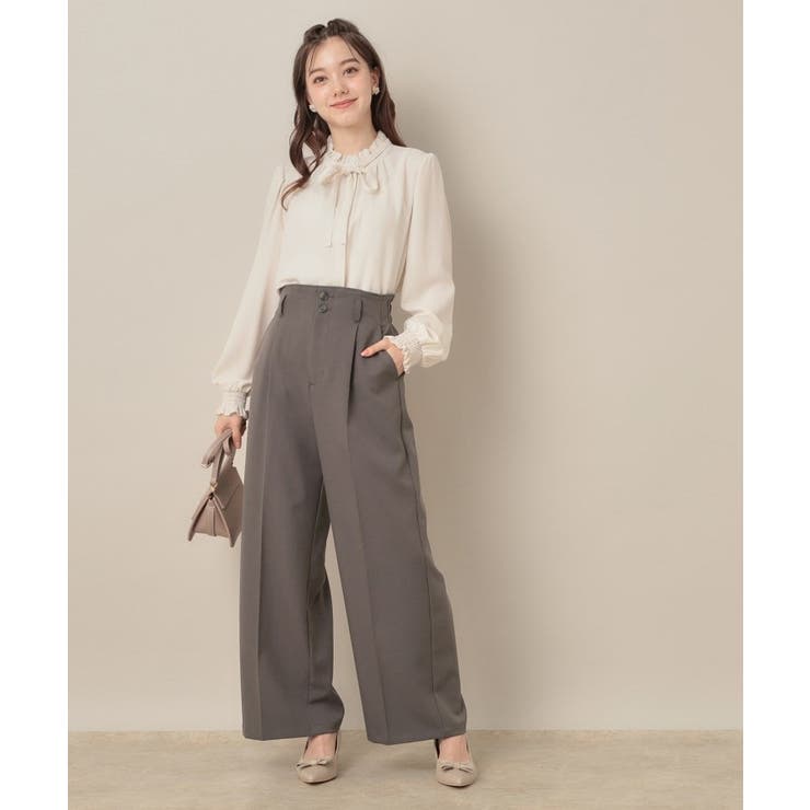 【帯電防止・通勤】ウエストリボン サスペンダー付きワイドパンツ | Couture brooch | 詳細画像1 