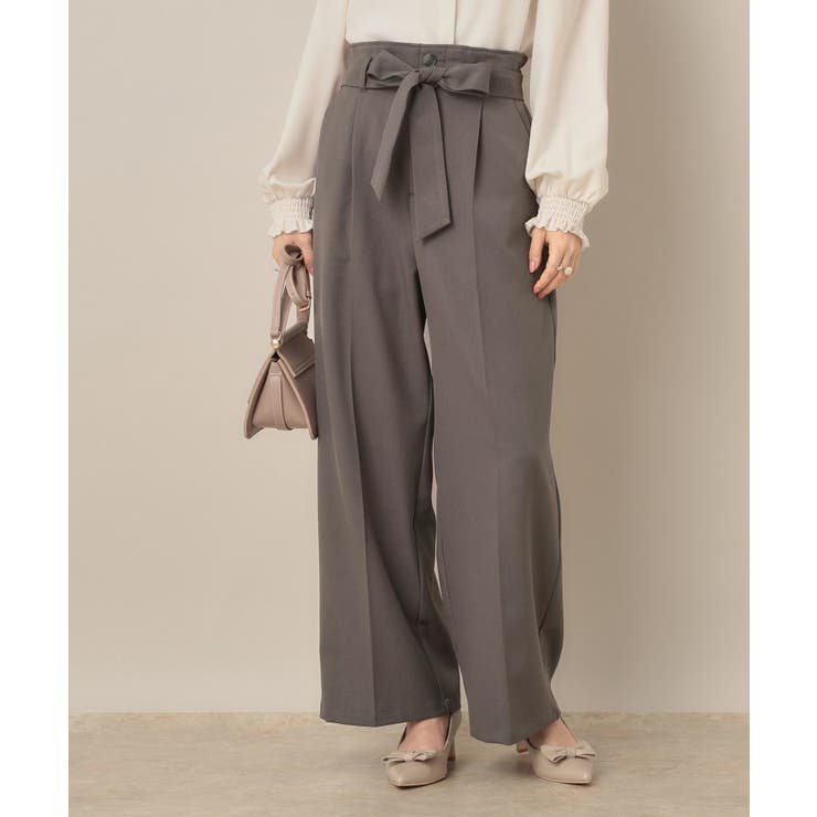 チャコールグレー(013) | 【帯電防止・通勤】ウエストリボン サスペンダー付きワイドパンツ | Couture brooch