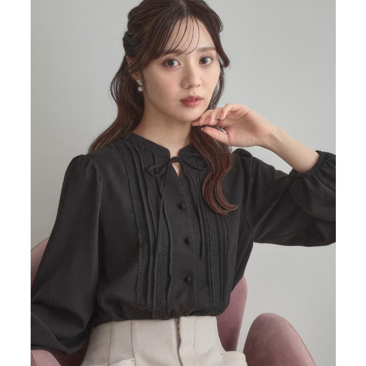 ブラック(019) | 【大人可愛い・通勤】ピンタックレースブラウス | Couture brooch