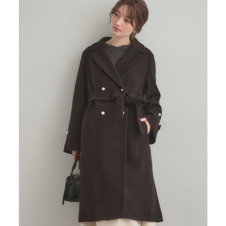 ブラック(019) | 【大人上品・ベルト付き】パール調釦チェスターコート | Couture brooch
