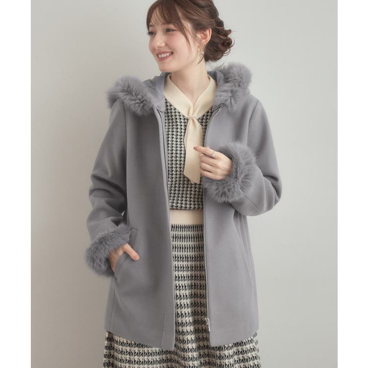 【大人可愛い・フード取り外し可能】フードフェイクファー ハーフ丈コート | Couture brooch | 詳細画像5 