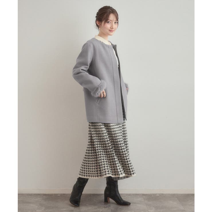 【大人可愛い・フード取り外し可能】フードフェイクファー ハーフ丈コート | Couture brooch | 詳細画像4 