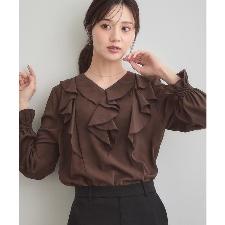 ブラウン(044) | 【大人可愛い・通勤】ラッフルフリルブラウス | Couture brooch