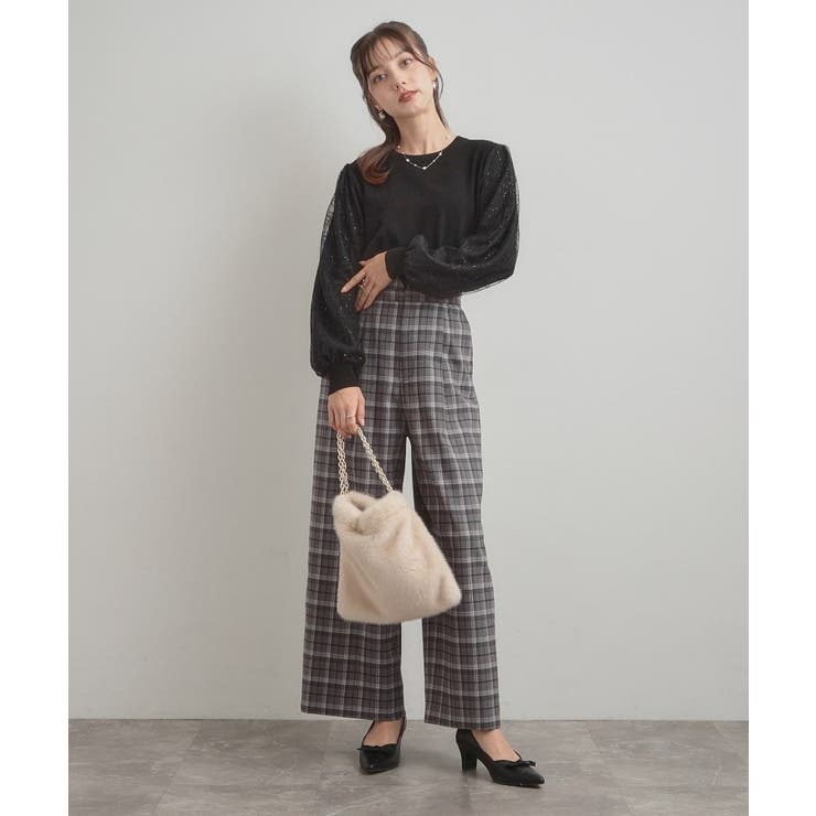 【大人可愛い】起毛先染めチェック柄 スカラウエスト ワイドパンツ | Couture brooch | 詳細画像1 