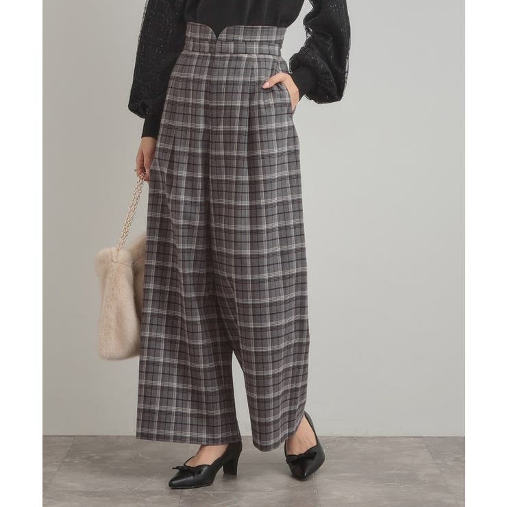 グレー(212) | 【大人可愛い】起毛先染めチェック柄 スカラウエスト ワイドパンツ | Couture brooch