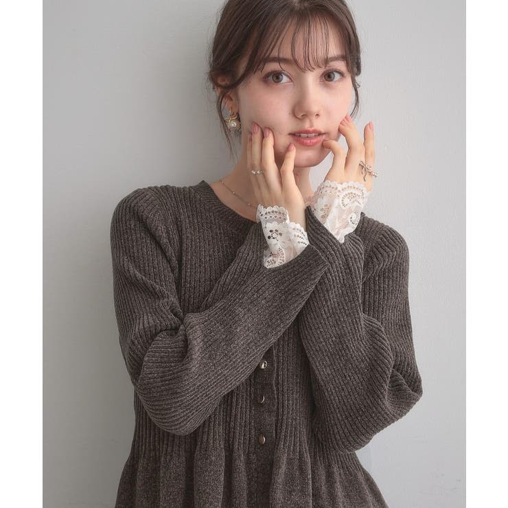 ブラウン(044) | 【袖口レース・着映え】短毛モールペプラム カーデ | Couture brooch