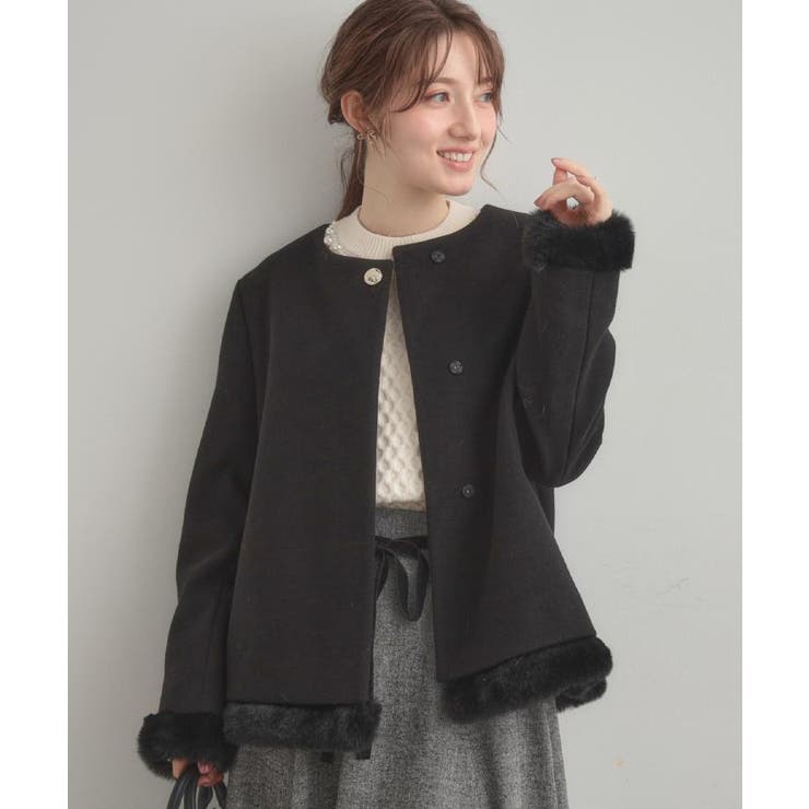 ブラック(019) | 【大人レディ・フェイクファー取り外し可能】ケープ風ショートコート | Couture brooch